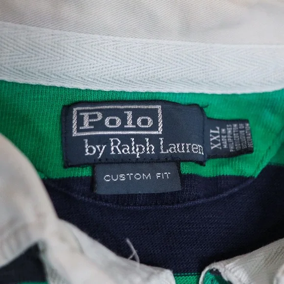 Vintage Polo Ralph Lauren RL Guide Striped Rugby Shirt Green Navy XXL Custom Fit - Picture 4 of 13